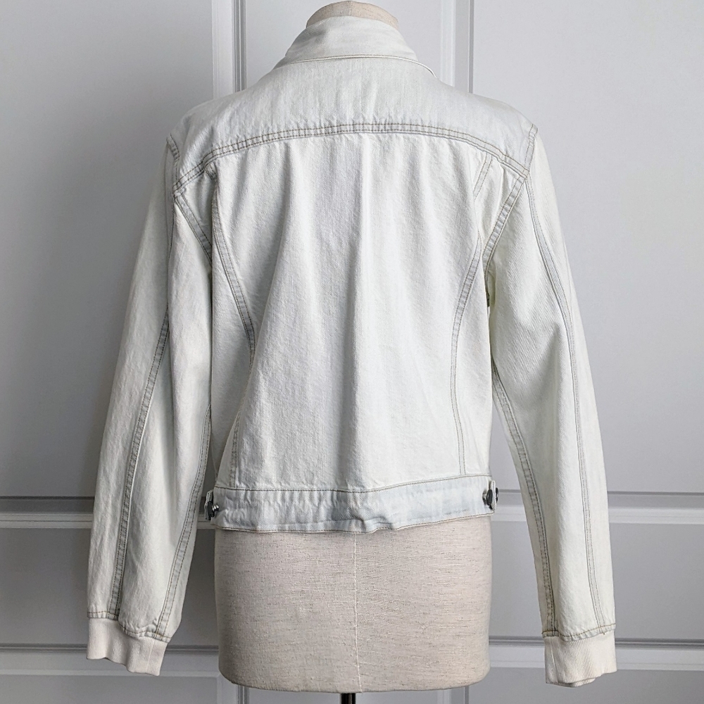 alice + olivia Jacket Denim Jean Removable Zip Out Hood Bleached Indigo L NWT - Picture 14 of 16